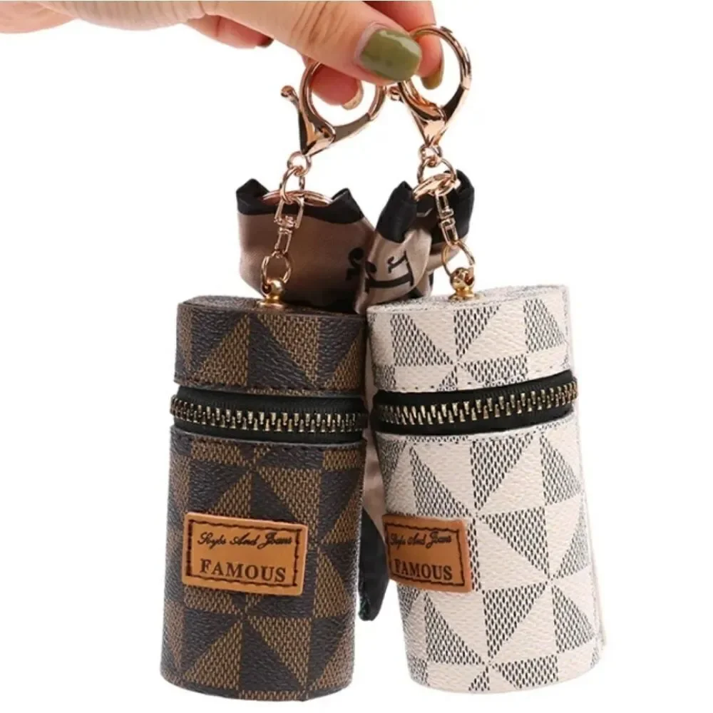 New Luxurious Lipstick Organizer/Coin Purse Keychain Brown Checkered Geo…